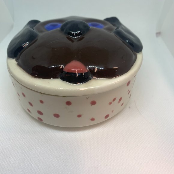 Hand Made Brown Dog Face with Blue Eyes Ceramic Trinket Box - Picture 2 of 5